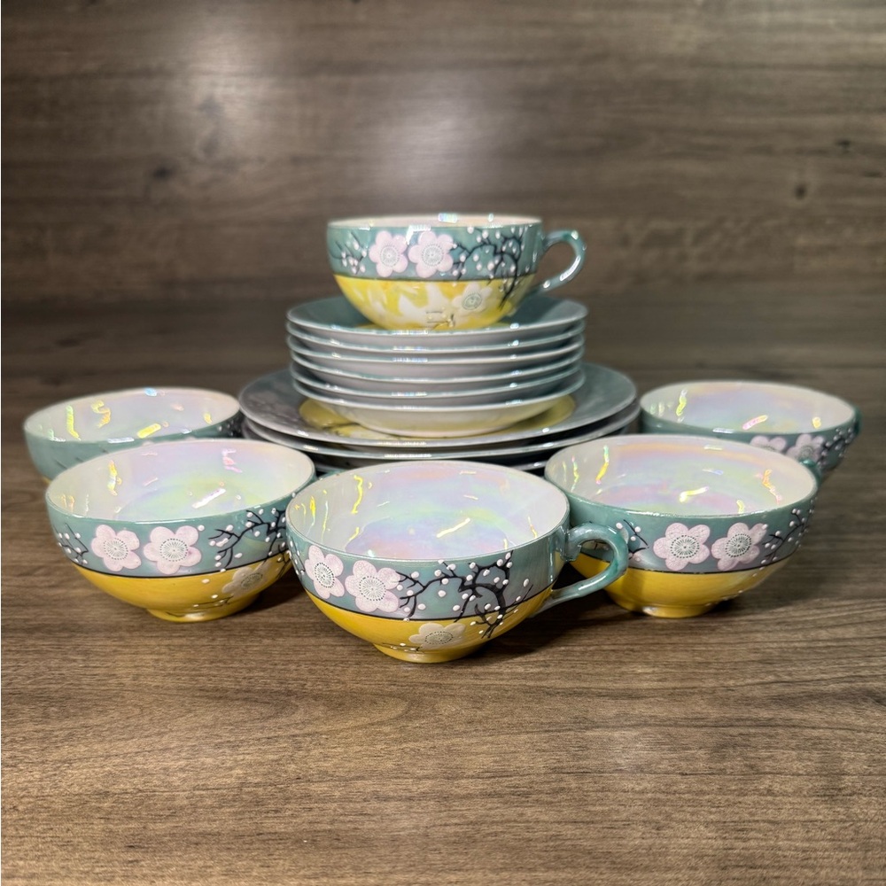 18 Piece Vintage Tea set Yellow Blue Grey Lusterware by Takito TT Japan